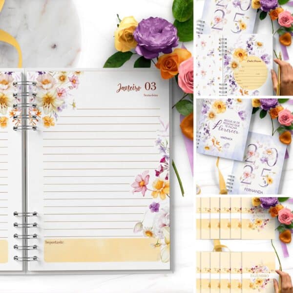 Combo_arquivos_agendas_Encanto_floral_lilas_amarelo_rosa_branco