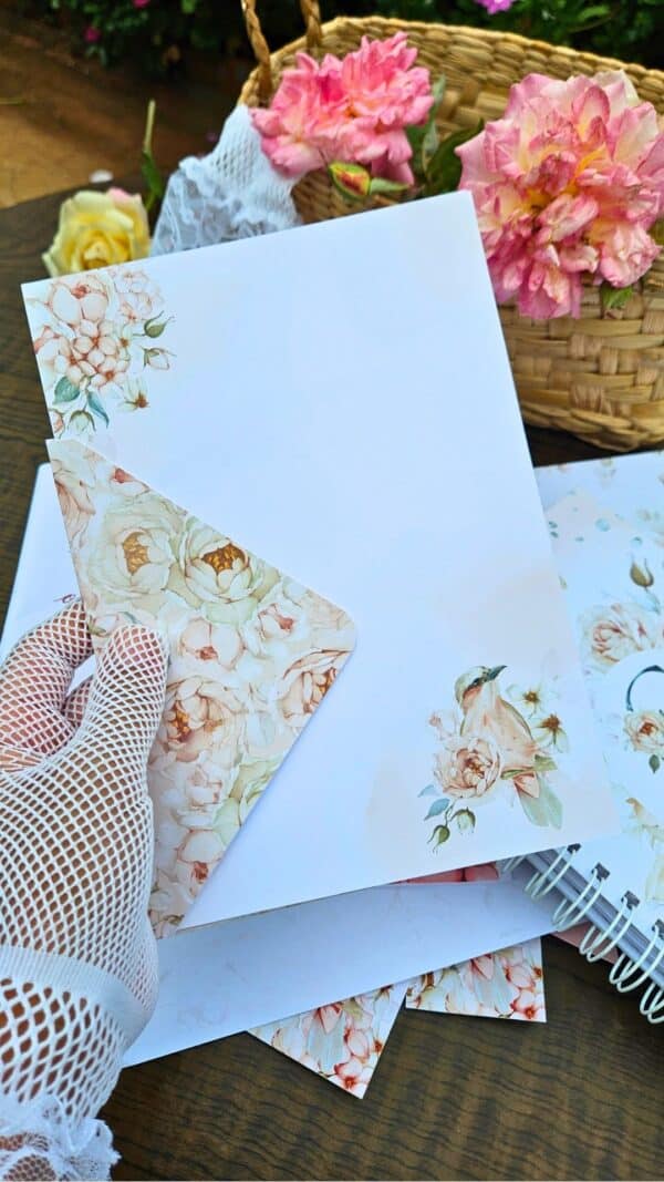 arquivo digital kit papéis de carta e envelopes florais pássaros borboletas rosas vintage decorado