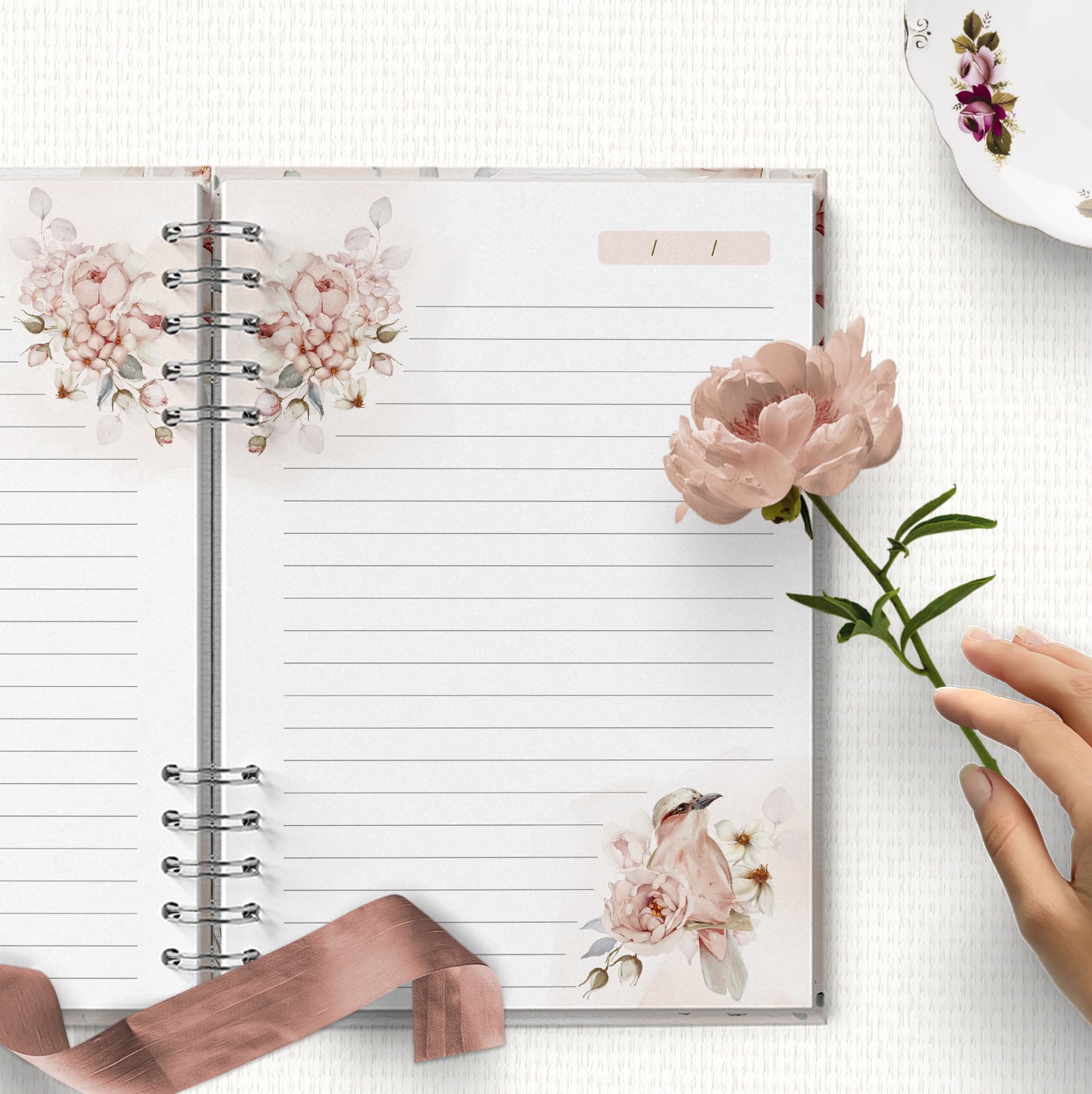 arquivo digital miolo pautado e decorado com floral, pássaros e borboletas vintage