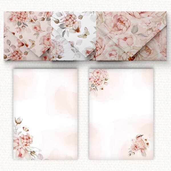 arquivo digital kit de envelopes e papel de carta floral vintage com pássaros, rosas e borboletas