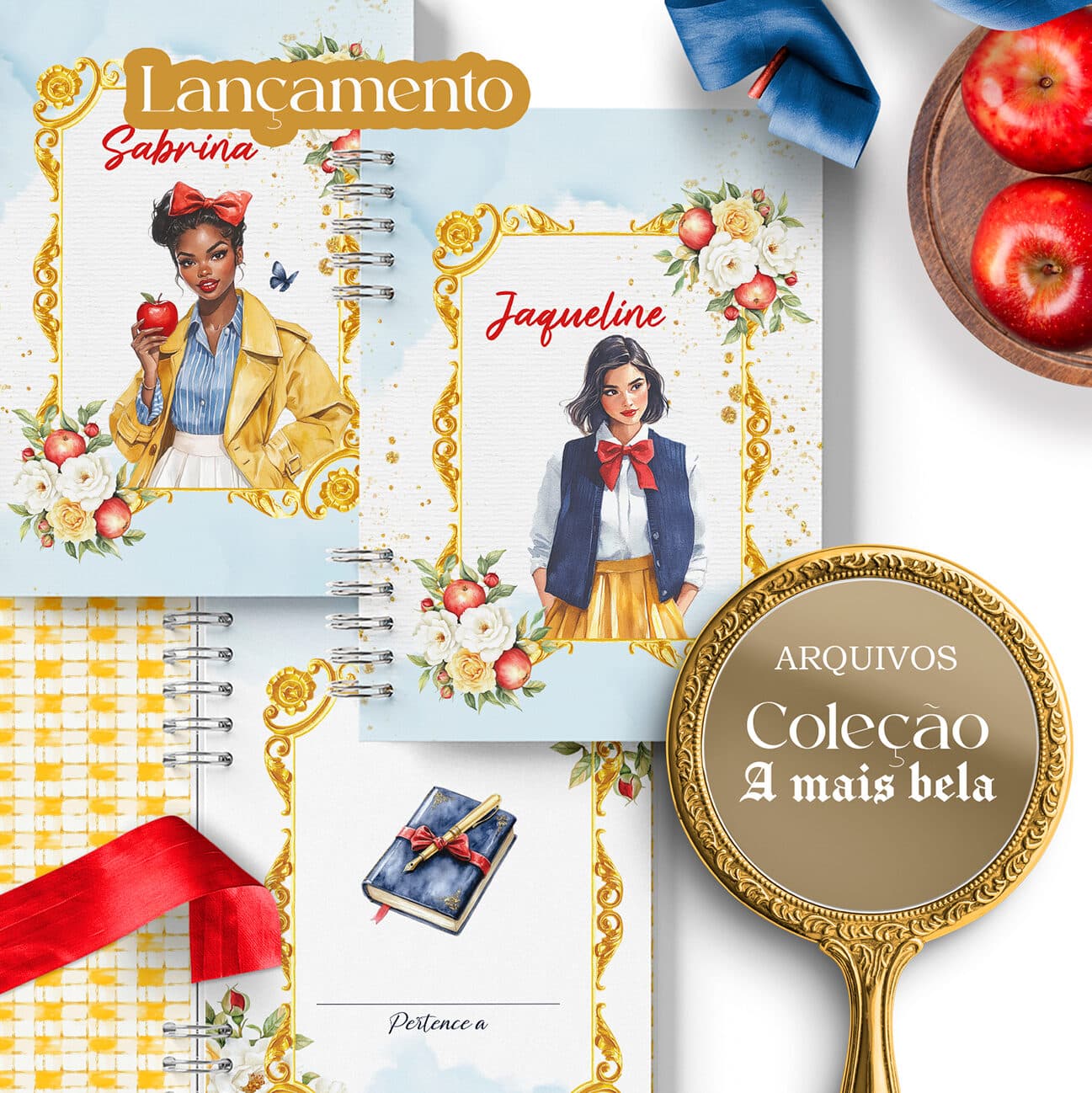 arquivo_digital_caderno_mulher_branca_de_neve_floral_maca_vermelho_amarelo_azul